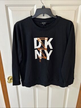 DKNY Black Sweatshirt with White Logo and Orange Detail